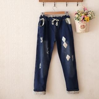 P.E.I. Girl Drawstring Distressed Patchwork Jeans