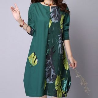 Sayumi Printed Elbow-Sleeve Linen-blend Dress