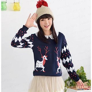 59 Seconds Diamond Pattern Sleeve Deer Print Pullover Navy Blue - One Size
