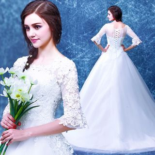 Angel Bridal Elbow-Sleeve Rhinestone Ball Gown Wedding Dress