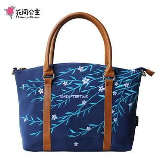 Flower Princess Embroidered Shoulder Tote Dark Blue - One Size