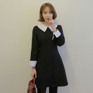 WITH IPUN Wool Blend Contrast-Trim Collar Dress