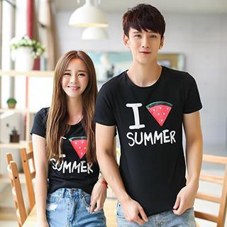 Azure Couple Lettering Watermelon Print T-Shirt