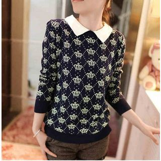 Saronala Contrast Collar Crown Print Sweater