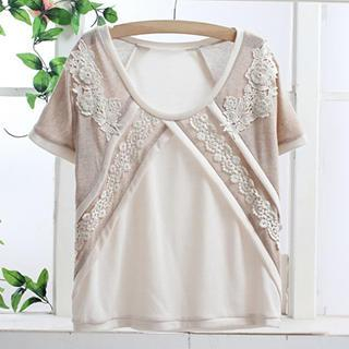 Blue Hat Short-Sleeve Lace Panel Top