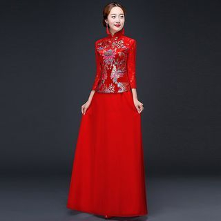 Royal Style Lace-Sleeve Wedding Cheongsam