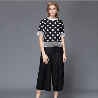Ovette Set: Dotted Mesh Panel Top + Cropped Wide-leg Pants