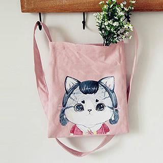 Ms Bean Cat Print Canvas Crossbody Bag