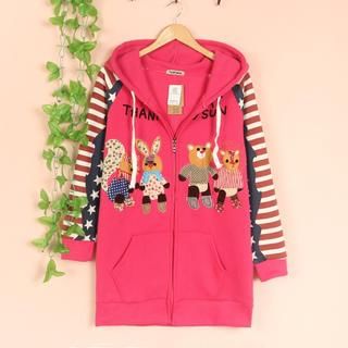 Cute Colors Appliqué Hooded Zip Long Jacket