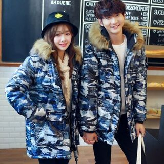 Bay Go Mall Matching Couple Furry Trim Hooded Camouflage Parka