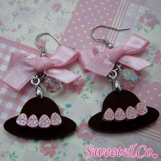 Sweet & Co. Sweet Pink Ribbon Crystal Strawberry Choco Hat Earrings Silver - One Size