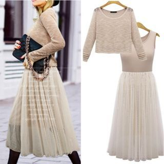 Coronini Set: Long-Sleeve Knit Top + Sleeveless Mesh Panel Skirt