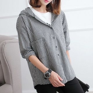 TOJI 3/4-Sleeve Hooded Gingham Shirt