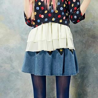 ELF SACK Color-Block Embroidered Denim Skirt
