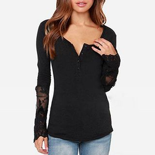 joELLE Lace Panel Long-Sleeve Henley