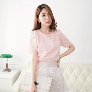 Tokyo Fashion Faux-Pearl Short-Sleeve Embossed Top