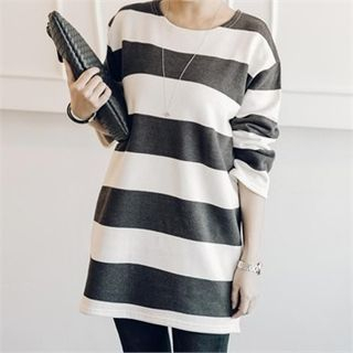 JOAMOM Brushed-Fleece Stripe Long T-Shirt