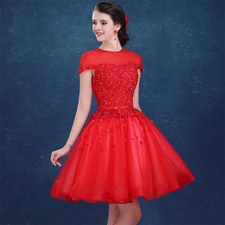 Shannair Cap-Sleeve Lace Panel Mini Prom Dress