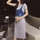Set: Short-Sleeve Panel Dress + Washed Denim Vest от YesStyle.com INT Set: Short-Sleeve Panel Dress + Washed Denim Vest от YesStyle.com INT