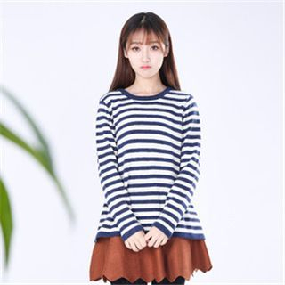 11.STREET Striped Lace Panel Sweater