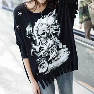 Dream Girl Long Sleeved Skull Printed Fringed T-shirt