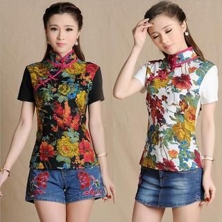 Sayumi Chinese Style Short-Sleeve Embroidered Top