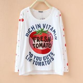 Cute Colors Long-Sleeve Lettering & Tomato Pattern T-Shirt