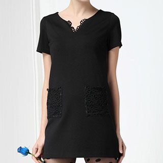 Fashion Street Split-neck Short-Sleeve Lace Dress