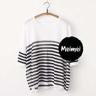 Meimei Striped Elbow-Sleeve Knit Top
