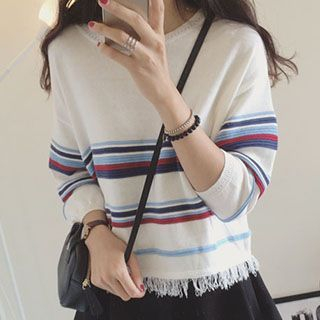Fashion Street Striped Fringed Sweater