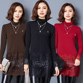 Lavogo Lace Panel Fleece-lined Long-Sleeve Top