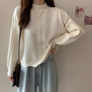 Semi High-Neck Cable Knit Sweater