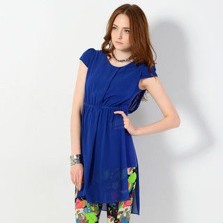 YesStyle Z Cap-Sleeve Chiffon-Panel Dress Blue - One Size