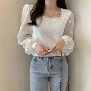 Puff-sleeve Lace Trim Blouse