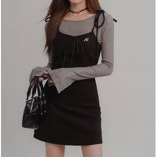 Long Sleeve Boat Neck Plain Top / Tie Shoulder Lettering Embroidered Lace Up A-Line Dress (Various Designs)