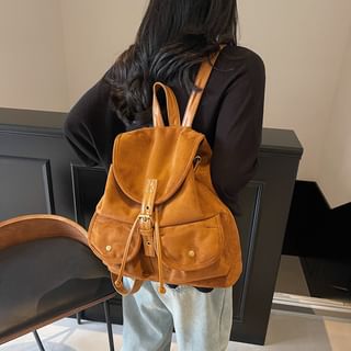 Plain Flap Buckle Faux Suede Backpack