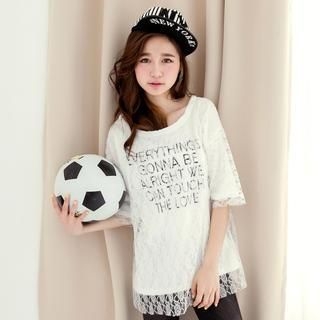 Tokyo Fashion Short-Sleeve Lace-Panel Lettering Top