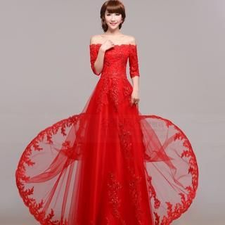 Luxury Style Off-Shoulder Elbow-Sleeve Lace A-Line Evening Gown
