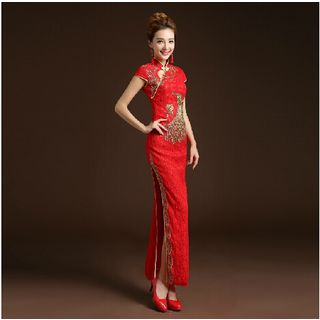 Posh Bride Cap-Sleeve Embroidered Lace Wedding Cheongsam