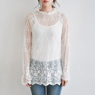 JUSTONE Frilled Embroidered Mesh Top