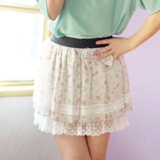 Tokyo Fashion Bow-Accent Lace-Trim Floral Skirt