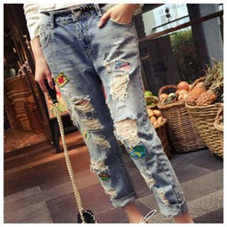 Oaksa Distressed Applique Jeans