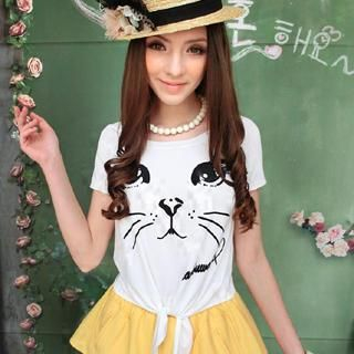 Dabuwawa Tie-Hem Cat Print Top