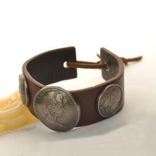 Fit-to-Kill Vintage Coin Leather Bracelet  Brown - One Size