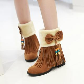 Pangmama Bow-Accent Fringed Boots
