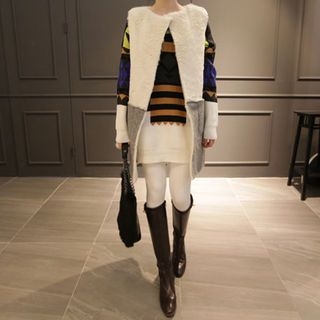 NIPONJJUYA Faux-Fur Panel Long Knit Vest