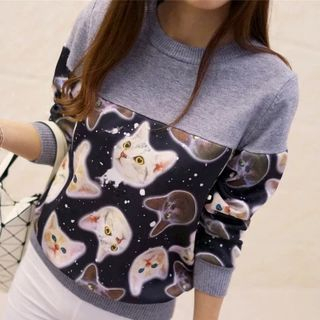 Weaverbird Long-Sleeve Color Block Cat Knit Top