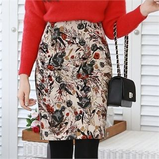 ode' Floral Pattern Mini Pencil Skirt