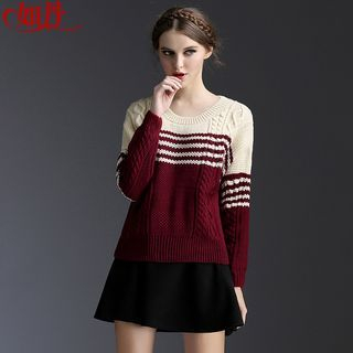 Kotiro Striped Knit Pullover / Pleated Skirt / Set: Striped Knit Pullover + Pleated Skirt
