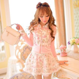 Candy Rain Lace Trim Hooded Floral Zip Jacket
